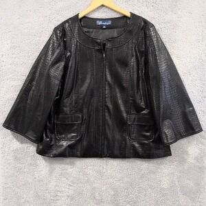 Susan Graver Style Jacket Women's XL Black Faux Leather Croc Textured 3/4 Sleeve